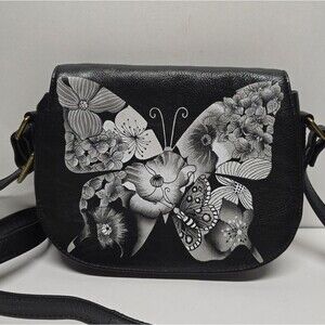 Anna By Anuschka Butterfly Hand Painted Black Leather Saddle Flap Crossbody Bag